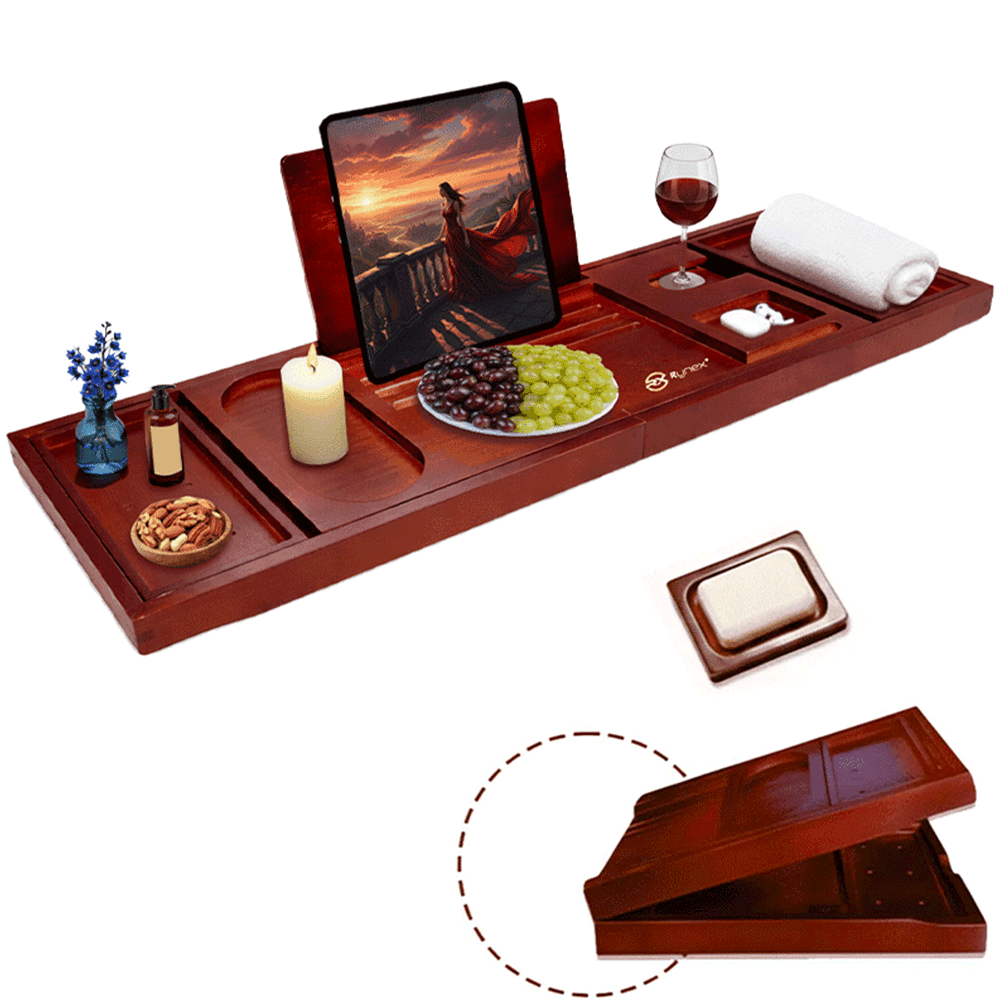 Rynex Walnut Bamboo Bath Tray — The Ultimate Adjustable Bathtub Caddy